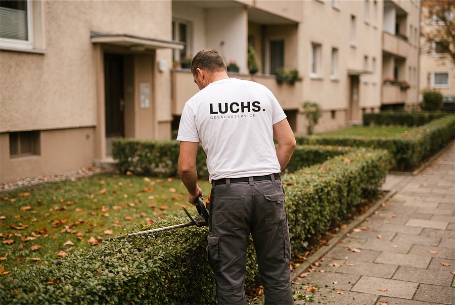 Mitarbeiter im weißen LUCHS Shirt schneidet eine Hecke vor einem Wohnhaus