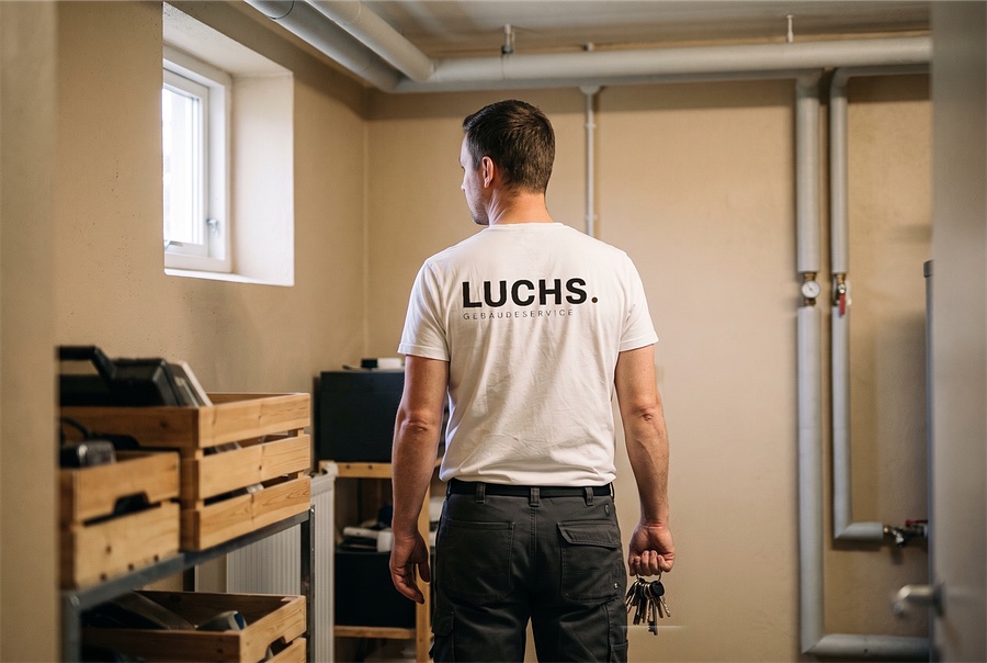 Hausmeister im weißen LUCHS Shirt kontrolliert einen Technikraum