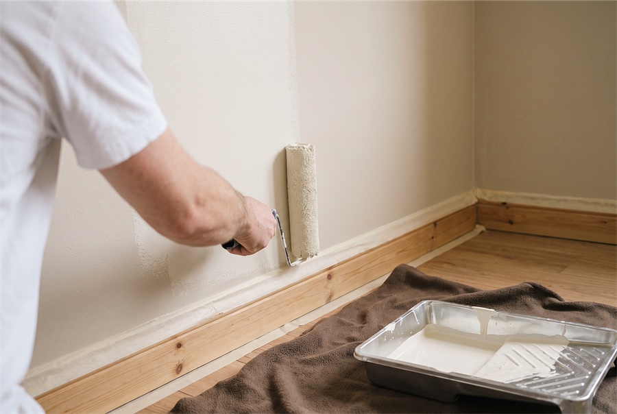 Wand wird mit der Farbrolle gestrichen, daneben Farbwanne und Abdeckung
