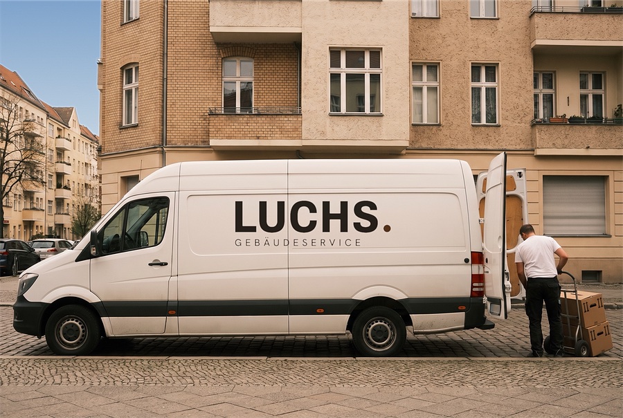 Transporter mit LUCHS Schriftzug, daneben Umzugskartons auf der Sackkarre